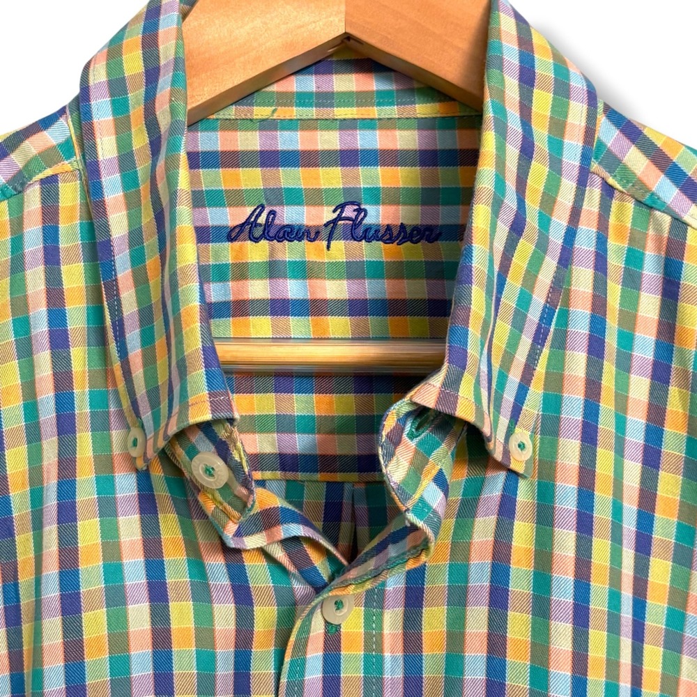 Alan Flusser Mens XL Plaid Button Down Multi Color Cotton Long Sleeve‎ Check